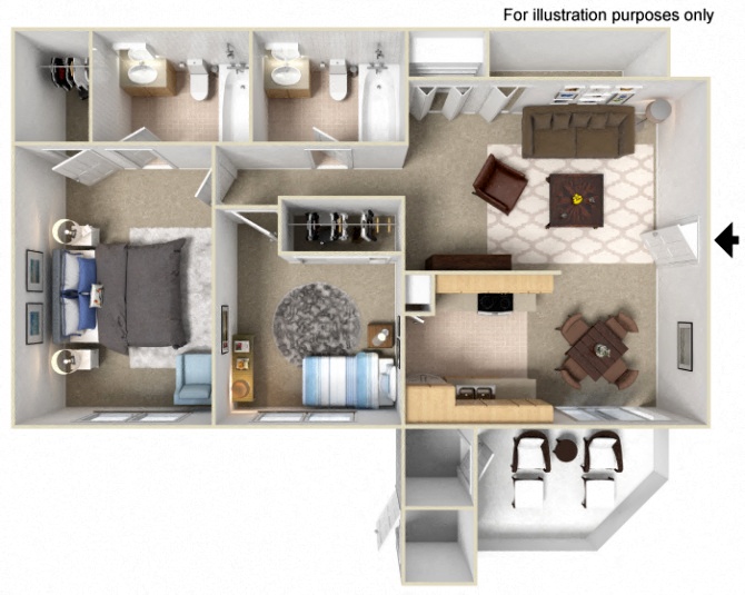 Floor plan for 2 beds, 2 baths, 1129 sqft